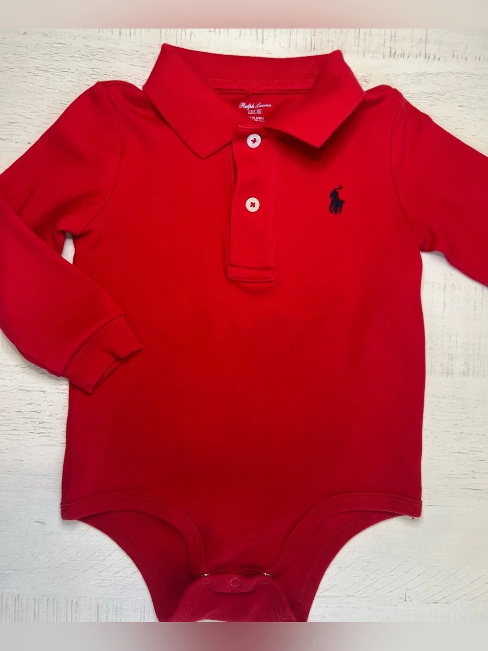 Ralph Lauren Red Long Sleeve Baby Onesie with Navy Embroidered Pony